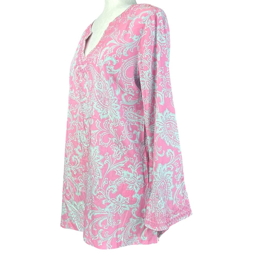 J. Mclaughlin Silk Blend Top M Pop Over Bell Sleeves Embroidered Coastal - Picture 5 of 10